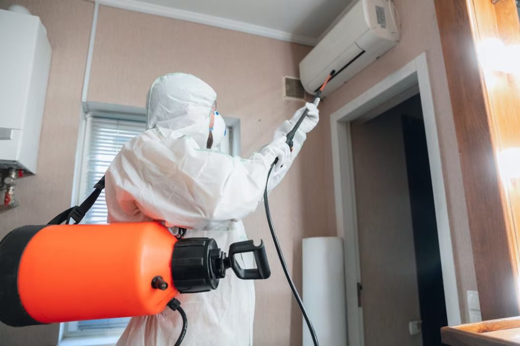 Man with protective suit mask spray disinfectants