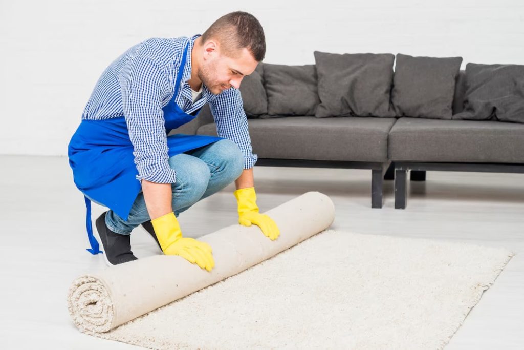 Man cleaning his carpet and setting it up